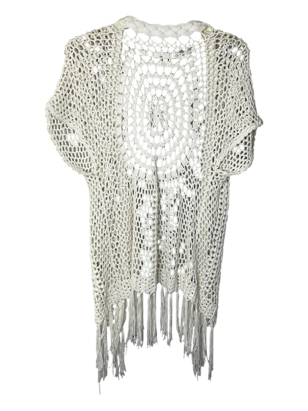 Umgee Open Crochet Fringe Kimono Cardigan - Cream Sz S - Picture 3 of 4